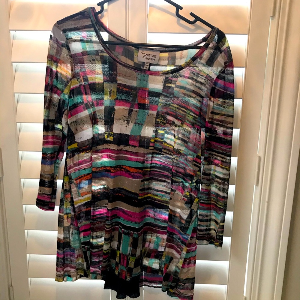 Lynn Richie Sheer 3/4 sleeve geometric top